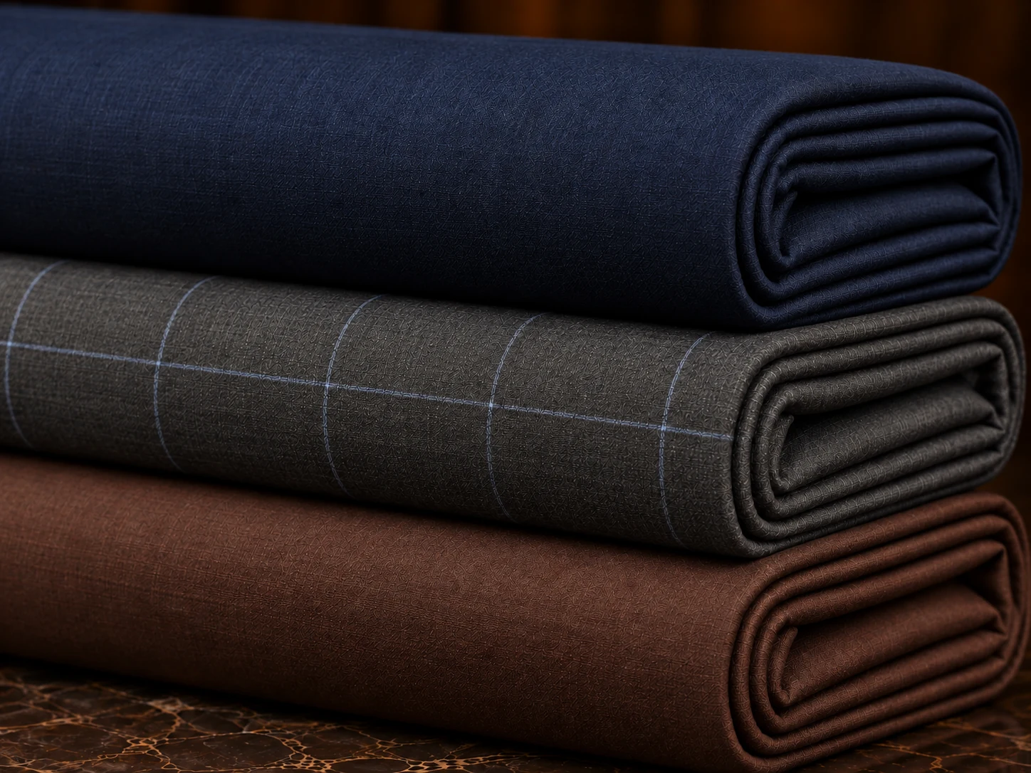 Stacked navy, gray windowpane, and brown suit fabrics