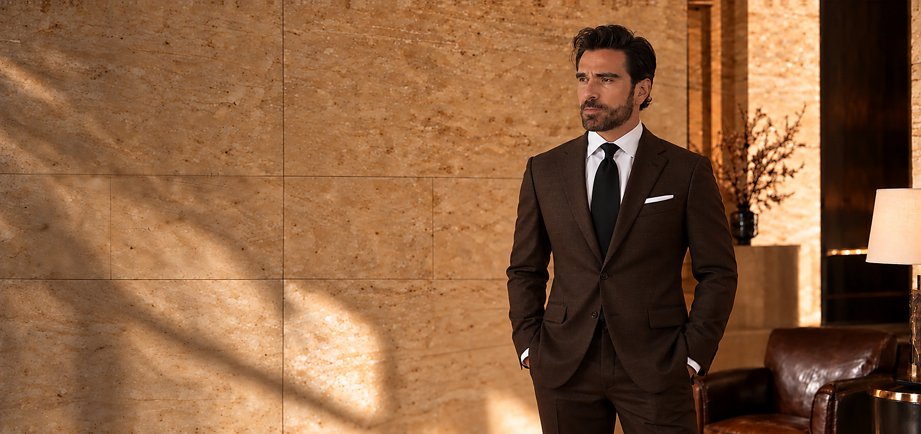 A man in a chocolate tailored suit beside an espresso leather chair against warm limestone